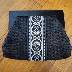 Vera Bradley Black Woven Clutch with Floral Accents and Wooden Handle